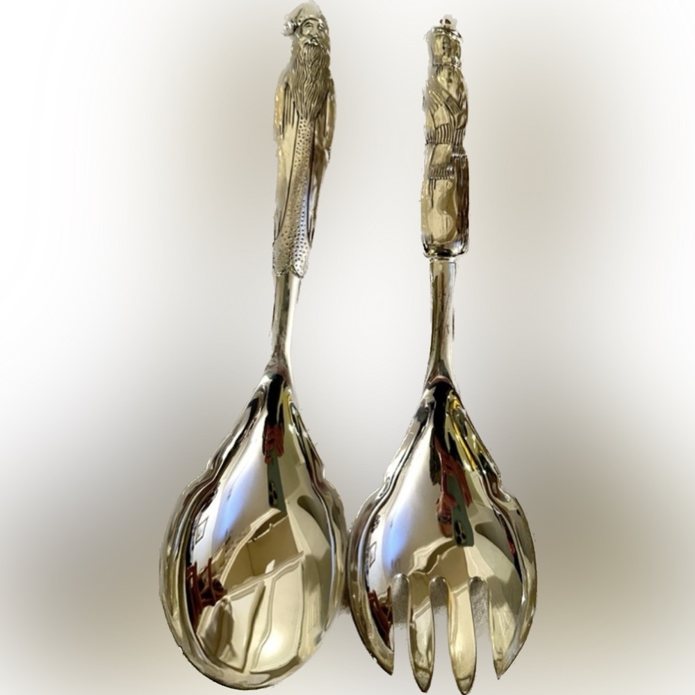 VTG WALLACE SILVERSMITHS SILVER PLATED SALAD SERVERS SANTA SNOWMAN CHRISTMAS